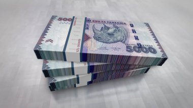 Tanzanya parası Tanzanya şilini para paketi 3D resim. 5000 TZS 'lik banknot destesi. Maliye, nakit, ekonomi krizi, iş başarısı, durgunluk, banka, vergi ve borç kavramı.