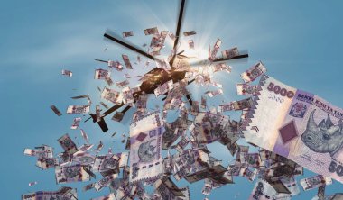 Tanzanya şiliniyle helikopter parası kesiliyor. Tanzanya TZS 5000 nota soyut 3d enflasyon, baskı, finans, ekonomi, kriz ve niceliksel kolaylık illüstrasyon kavramı.