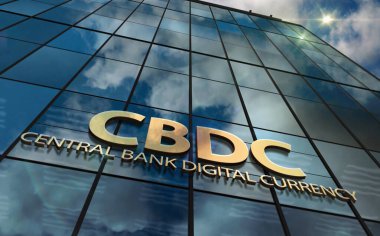 CDBC cam bina konsepti. Merkez Bankası Dijital Para Birimi Şifreleme para sembolü ön cephede 3d illüstrasyon.