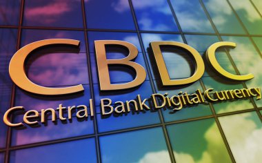 CDBC cam bina konsepti. Merkez Bankası Dijital Para Birimi Şifreleme para sembolü ön cephede 3d illüstrasyon.