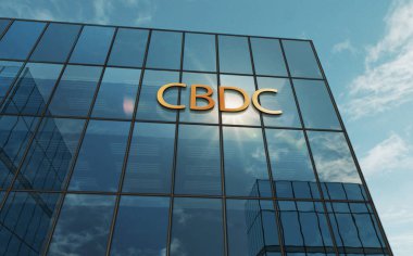CDBC cam bina konsepti. Merkez Bankası Dijital Para Birimi Şifreleme para sembolü ön cephede 3d illüstrasyon.