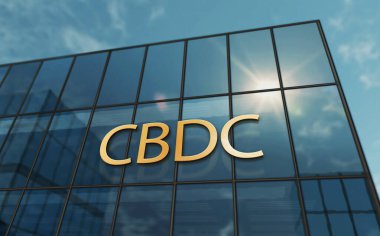 CDBC cam bina konsepti. Merkez Bankası Dijital Para Birimi Şifreleme para sembolü ön cephede 3d illüstrasyon.