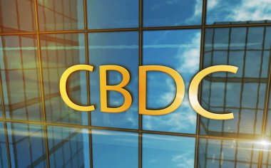 CDBC cam bina konsepti. Merkez Bankası Dijital Para Birimi Şifreleme para sembolü ön cephede 3d illüstrasyon.