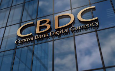 CDBC cam bina konsepti. Merkez Bankası Dijital Para Birimi Şifreleme para sembolü ön cephede 3d illüstrasyon.