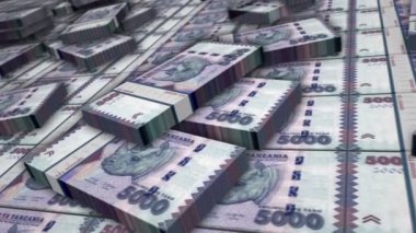 Tanzanya parası Tanzanya 'da durgunluk, borç artışı, iş krizi, para basma ve ekonomi. TZS banknot paketleri döngüsü ile kavram. Kusursuz ve çevrilebilir 3D animasyon.