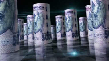 Tanzanya parası Tanzanya şilininin para ruloları 3D döngüsü. Kamera TZS 'nin önünde hareket ediyor. Kusursuz döngüsüz ekonomi, finans, iş ve borç kavramı.