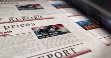 Doğalgaz fiyatları enerji pazarı ve akaryakıt işi günlük gazete rulosu basımı. Soyut konsept retro başlıklar 3d kusursuz döngülenmiş.