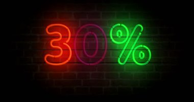 Duvarda% 30 neon sembol var. % 30 indirimli satış ve indirimli satış promosyonu perakende renk ampulleri. Döngüsüz ve kusursuz soyut konsept animasyonu.