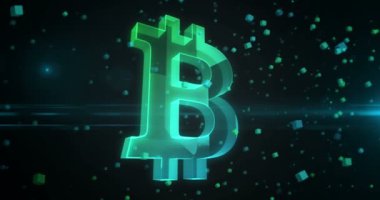 Bitcoin engelleme kripto para birimi ve dijital para sembolü soyut konsept holografik cam. Siber teknoloji ve bilgisayar arkaplan 3D nesne.