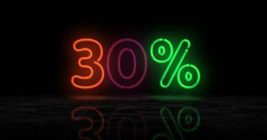 % 30 neon parlayan sembol. Renkli ampuller. % 30 indirimli satış ve indirimli tanıtım. Soyut konsept 3D animasyon..