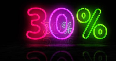 % 30 indirimli neon sembol. % 30 indirimli satış ve indirimli satış promosyonu perakende renk ampulleri. Soyut konsept 3d illüstrasyon.