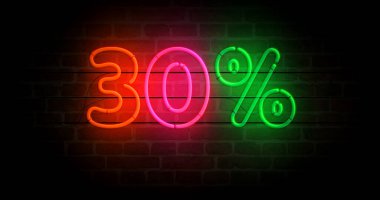 % 30 indirimli neon sembol. % 30 indirimli satış ve indirimli satış promosyonu perakende renk ampulleri. Soyut konsept 3d illüstrasyon.