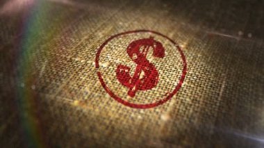 Doğal keten çuvalında dolar işareti damgası. ABD 'nin 3 boyutlu imzası tasarım soyut konsept. Döngüsüz ve kusursuz animasyon.