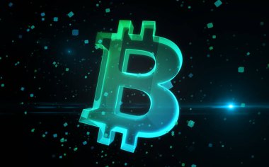 Bitcoin engelleme kripto para birimi ve dijital para sembolü soyut konsept holografik cam. Siber teknoloji ve bilgisayar arkaplan 3d nesne illüstrasyonu.