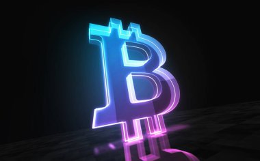 Bitcoin engelleme kripto para birimi ve dijital para sembolü soyut konsept holografik cam. Siber teknoloji ve bilgisayar arkaplan 3d nesne illüstrasyonu.