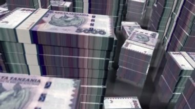 Tanzanya parası Tanzanya şilininden para desteleri döngüsü. 5.000 TZS 'nin üzerinde 3D uçuş, kuleleri desteler. Döngüsüz, soyut iş dünyası, ekonomi krizi ve finans kavramı.