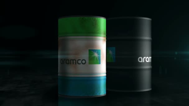 Poznan Πολωνία Δεκεμβρίου 2023 Saudi Aramco Oil Company Βαρέλια Στη — Αρχείο Βίντεο