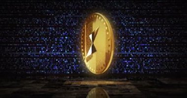ThorChain RUNE şifreleme altın sikkesi dijital ekran döngüsü arka planında. Dönen altın metal döngüsü soyut kavram. 3B döngü kusursuz canlandırma.