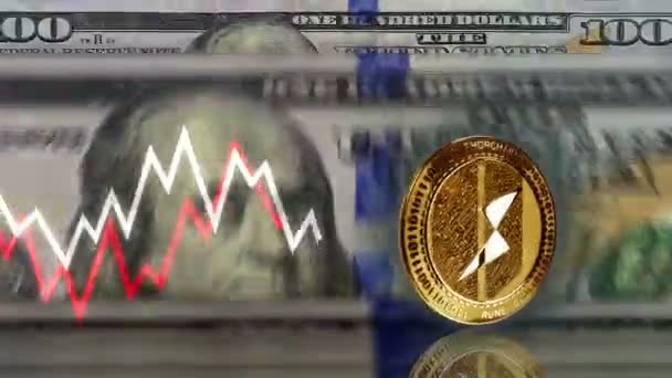 Thorchain Rune Cryptocurrency Χρυσό Νόμισμα Πάνω Από 100 Δολάρια Χαρτονομίσματα — Αρχείο Βίντεο