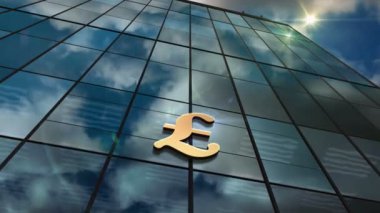Sterling İngiltere GPB cam binası hızlandırılmış zaman döngüsü kavramı. İngiliz para sembolü bankacılık ve GB ekonomi sembolü ön cephede 3D pürüzsüz ve döngüsüz.
