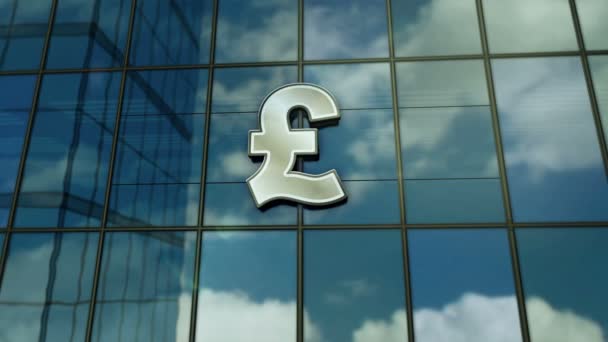 英镑英镑英国Gpb玻璃建筑概念 英国货币符号银行业和英国经济符号在正面 — 图库视频影像