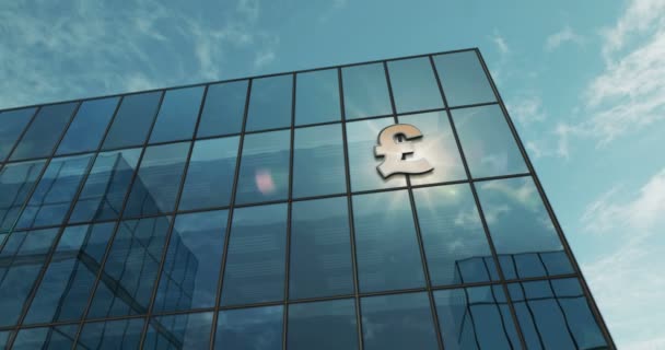 英镑英镑英国Gpb玻璃建筑概念 英国货币符号银行业和英国经济符号在正面 — 图库视频影像