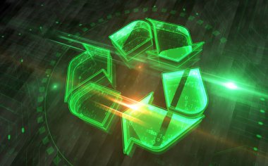 Ekoloji ve çevre dostu dijital sembollerin geri dönüşümü. Ağ, siber teknoloji işareti ve bilgisayar arkaplan soyut 3d resimleme.