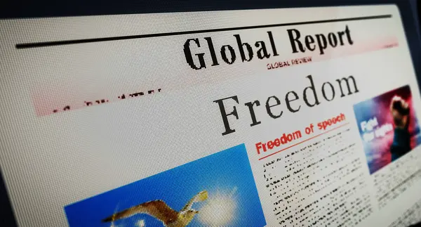 Freedom and liberty daily newspaper reading on mobile tablet computer screen. Man touch screen with headlines news abstract concept 3d illustration.