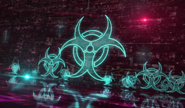 Biyolojik tehlike alarmı ve virüs uyarı sembolü dijital konsept. Ağ, siber teknoloji ve bilgisayar arkaplanı soyut 3D resimleme.