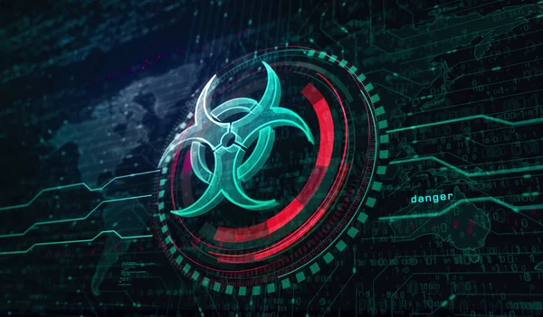 Biohazard danger alert and virus warning symbol digital concept. Network, cyber technology and computer background abstract 3d illustration.