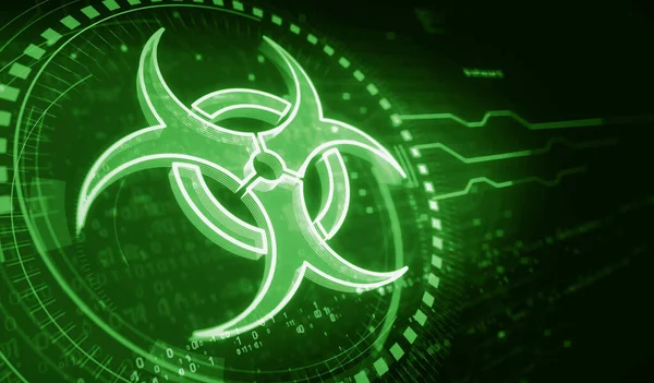 Biohazard danger alert and virus warning symbol digital concept. Network, cyber technology and computer background abstract 3d illustration.