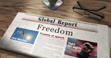 Özgürlük ve özgürlük gazetesi masamızda. Manşetler soyut kavram 3D.