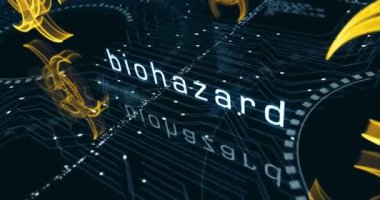 Biyolojik tehlike alarmı ve virüs uyarı sembolü soyut siber kavram. Dijital teknoloji arka planı pürüzsüz ve döngüsel dinamik 3D animasyon.