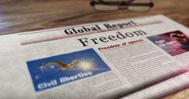 Özgürlük ve özgürlük gazetesi masamızda. Manşetler soyut kavram 3D.