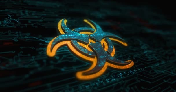 バイオハザード危険警報とウイルス警告色のシンボルコンセプト ネットワーク サイバー技術 コンピュータ背景抽象3Dアニメーション — ストック動画