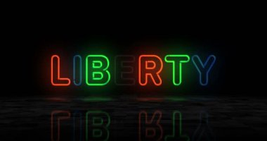 Özgürlük neonunun parlayan sembolü. Renkli ampuller. Özgürlük ve başarı kavramı 3 boyutlu animasyon.