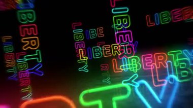 Özgürlük neon sembolü. Renkli ampuller. Özgürlük ve başarı kusursuz ve geri dönüşümsüz bir kavram. 3D tünel animasyonunda uçuyor..
