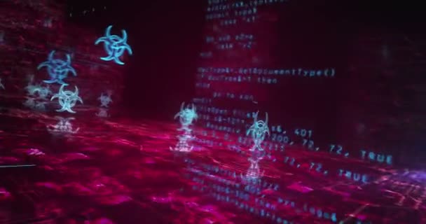 バイオハザードの危険警報とウイルス警告シンボル抽象的なサイバーコンセプト デジタル技術の背景 シームレスでループ可能な動的3Dアニメーション — ストック動画