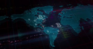 Bitcoin engelleme kripto para birimi ve dijital para sembolleri dünya haritası üzerinde. Kusursuz döngülü teknoloji kavramı.
