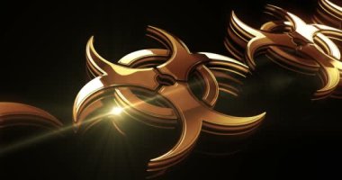 Biyolojik tehlike alarmı ve virüs, altın metal parlak sembol kavramını uyarıyor. Görkemli parlama ve yansıma ışığı ikonu soyut. Kusursuz ve döngülü 3D canlandırma.