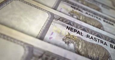 Nepal parası Nepali rupi banknot döngüsü. 500 NPR para dokusu. Ekonomi, iş, kriz, bankacılık, durgunluk, borç ve finans kavramı. Dikdörtgen 3D nota üzerinde hareket.