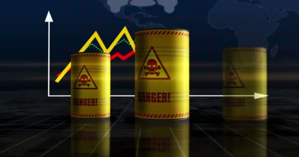 颅骨符号桶在生长图上的危险警告 具有不断增长的统计图的危险的工业金属容器 — 图库视频影像