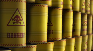 Tehlike uyarısı, kafatası sembolü varilleri ile sıra konsepti. Tehlikeli uyarı endüstriyel konteynırlar 3 boyutlu illüstrasyon.