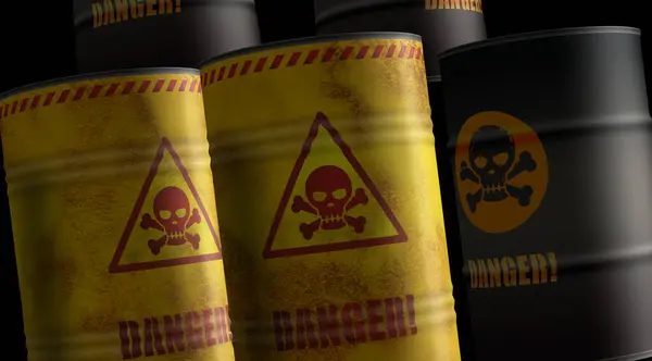 Danger warning with skull symbol barrels in row concept. Dangerous caution industrial containers 3d illustration.