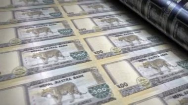 Nepal parası Nepali rupi banknotlar basım makinesi döngüsü. Kağıt 500 NPR banknot baskısı 3D döngüsü pürüzsüz. Soyut bankacılık, finans, ekonomi ve kriz kavramı.