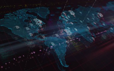 Bitcoin engelleme zinciri kripto para birimi ve dijital para sembolleri dünya haritası teknolojisi konsepti üzerinde 3d illüstrasyon.