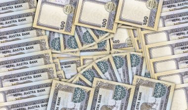 Nakit fan mozaiğinde Nepal Rupisi banknotları. Nepalli Ulusal Halk Radyosu 500 dolar. Soyut banka, finans, ekonomi dekoratif tasarım konsepti 3d illüstrasyon.