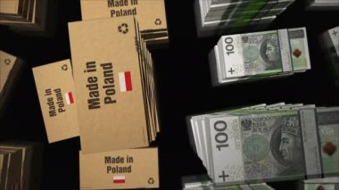 Zloty para desteleri ile Polonya 'da üretilmiş. İhracat, ticaret, dağıtım, üretim, nakliyat, iş ve ithalat. Soyut kavram 3D döngüsüz dikişsiz.