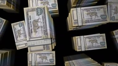Nepal parası, Nepal rupisi, para döngüsü. 3D uçuş 500 'den fazla NPR banknotları kuleleri istifliyor. Döngüsüz, soyut iş dünyası, ekonomi krizi ve finans kavramı.