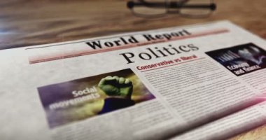 Politika gazetesi masada. Manşetler soyut kavram 3D.